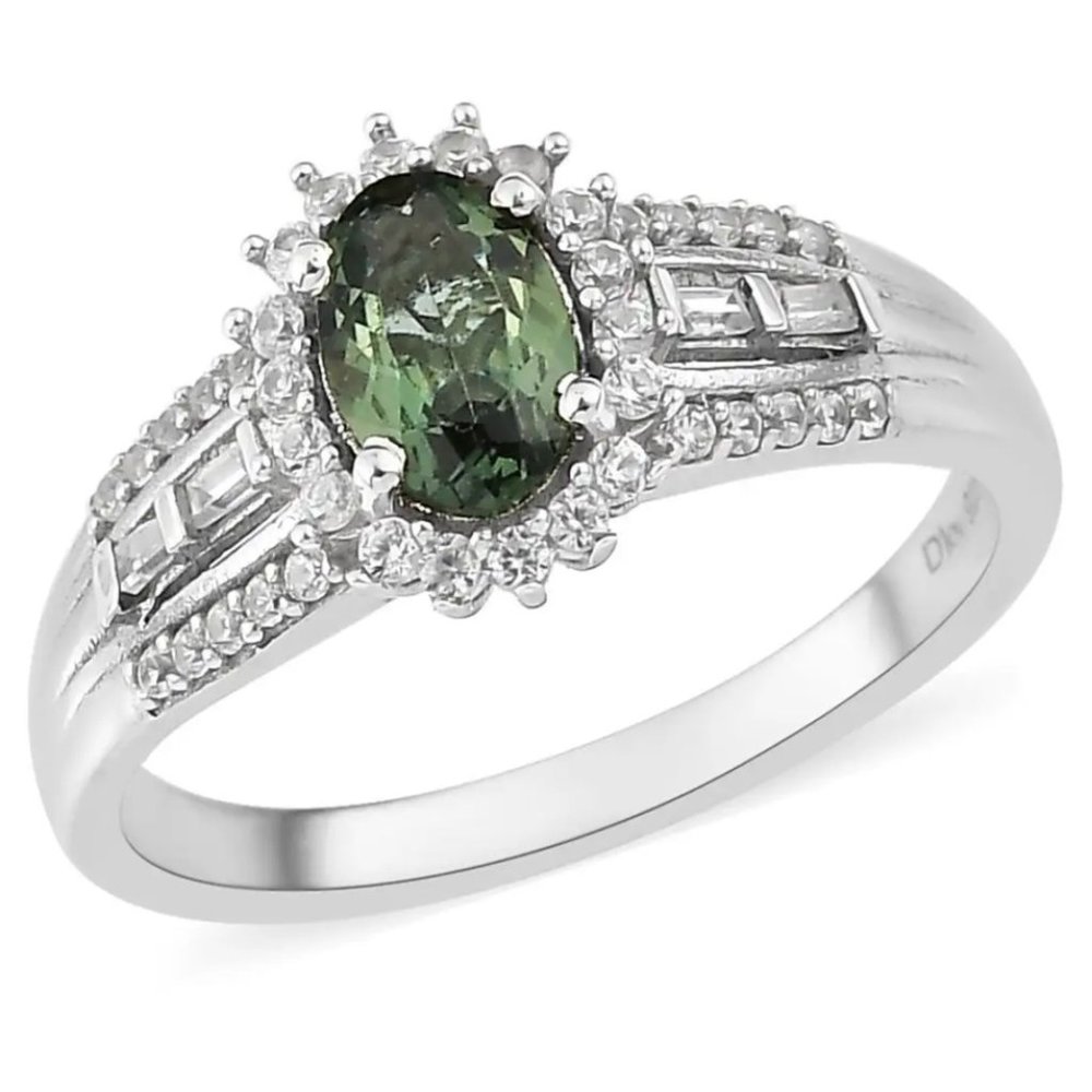 Tanzanian Natural Green Apatite and White Zircon Ring